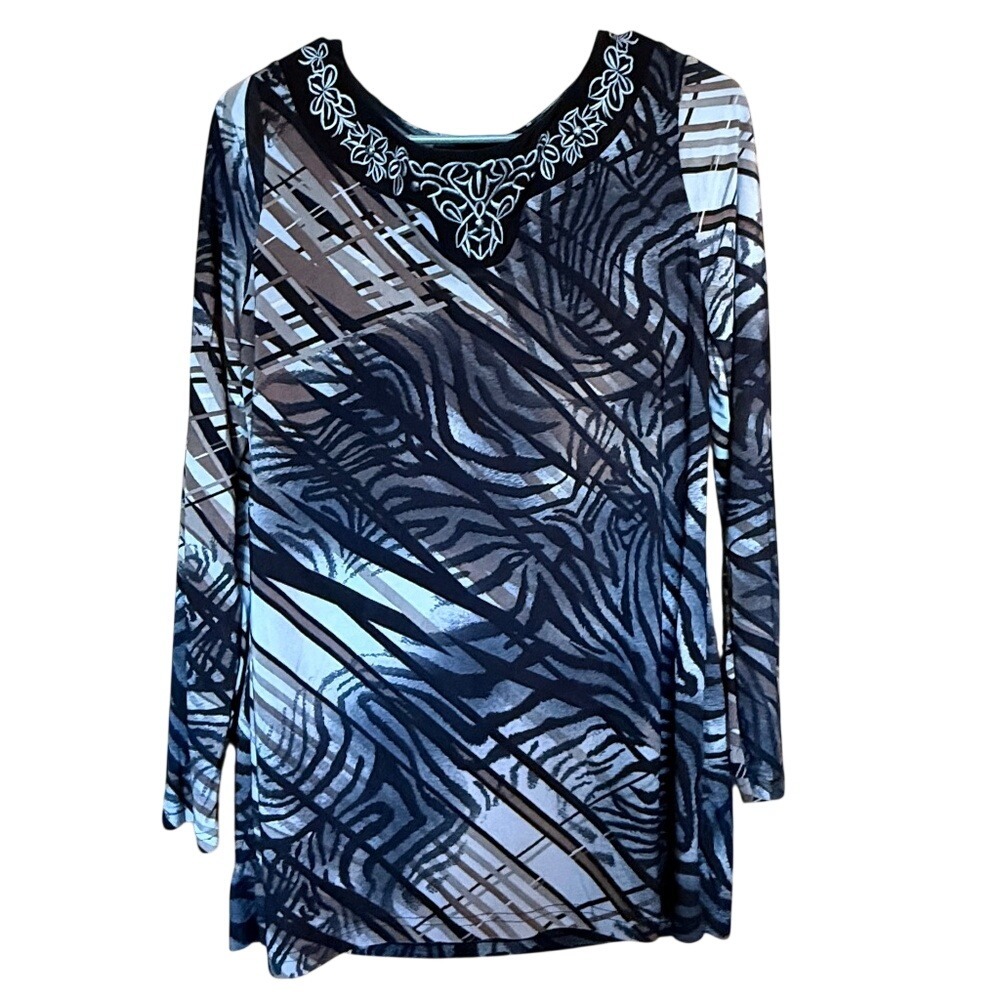 Gloria Vanderbilt Abstract Animal Print Long Sleeve Blouse Embroidery Neck Small